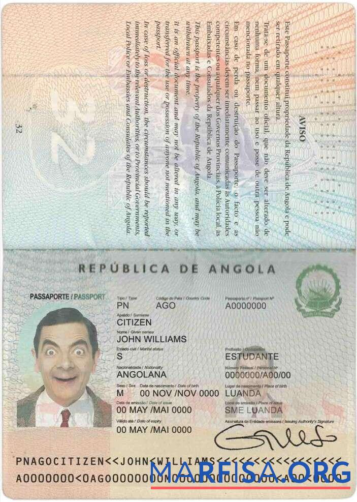 Printable Angola passport example